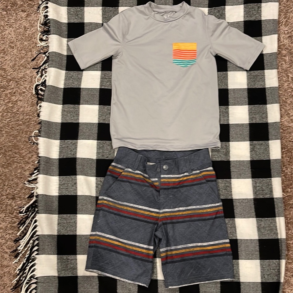 Boys swim set. Trunks and rash guard shirt.